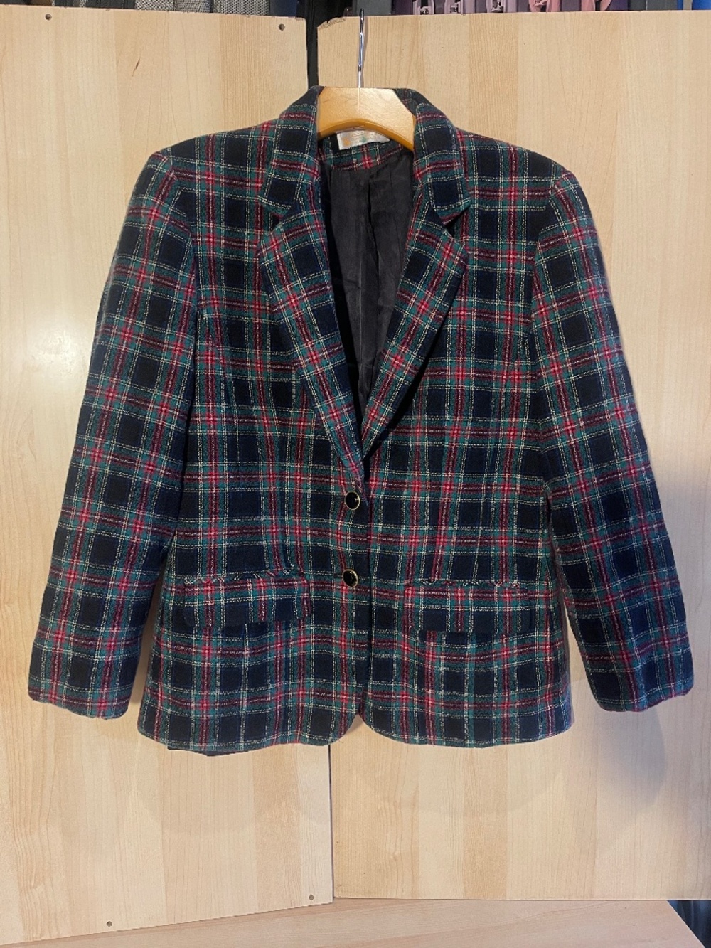 Plaid Wool Blend Women's Blazer Sweater - Green Red Black